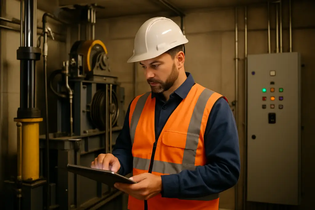 Certified elevator inspector conducting an annual safety inspection in a commercial building machine room — elevator inspections are required at least once per year in California.