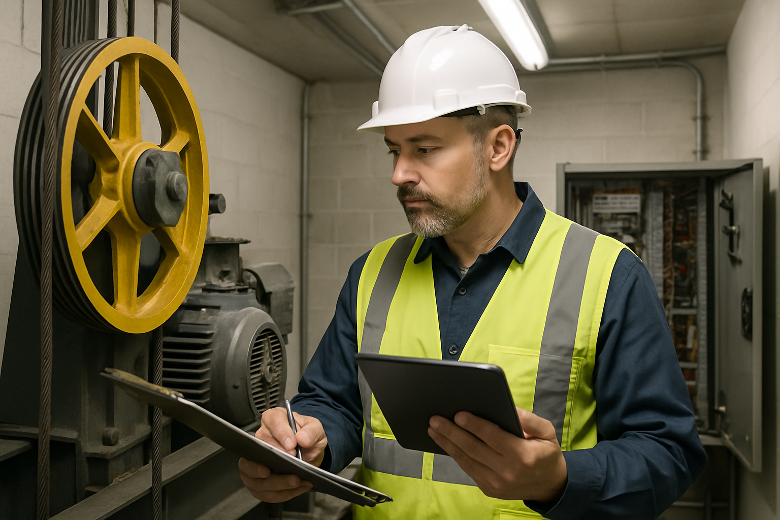 A licensed elevator inspector conducting an annual elevator inspection in a commercial machine room, reviewing safety components per ASME A17.1 standards — how often elevators should be inspected.