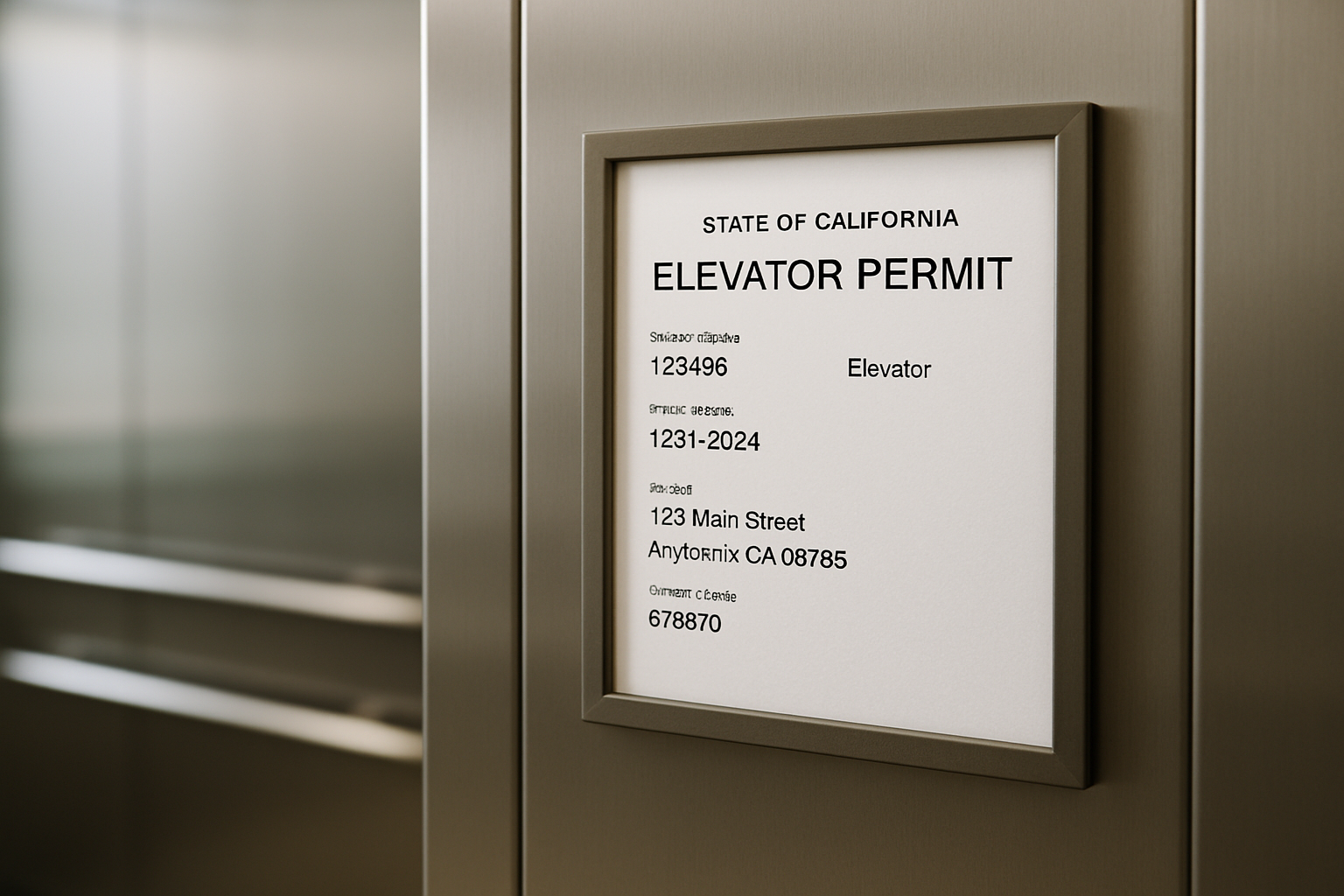California elevator permit displayed inside an elevator cab, required after a passing annual inspection under Cal/OSHA regulations governing how often elevators must be inspected.