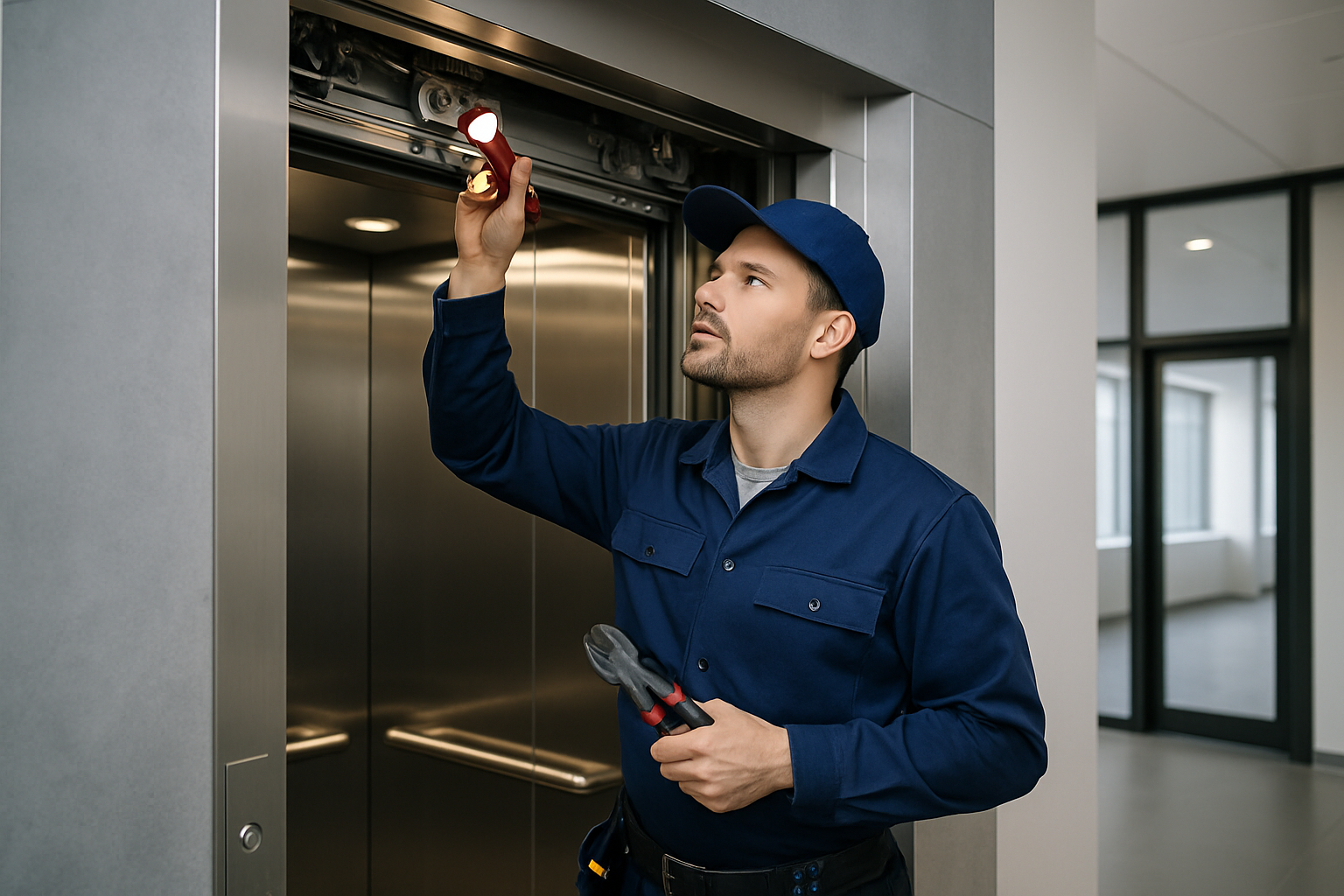 Elevator Maintenance vs. Inspection Licensed elevator technician performing routine preventive maintenance on a commercial elevator, the ongoing service that keeps elevators safe between required annual inspections.