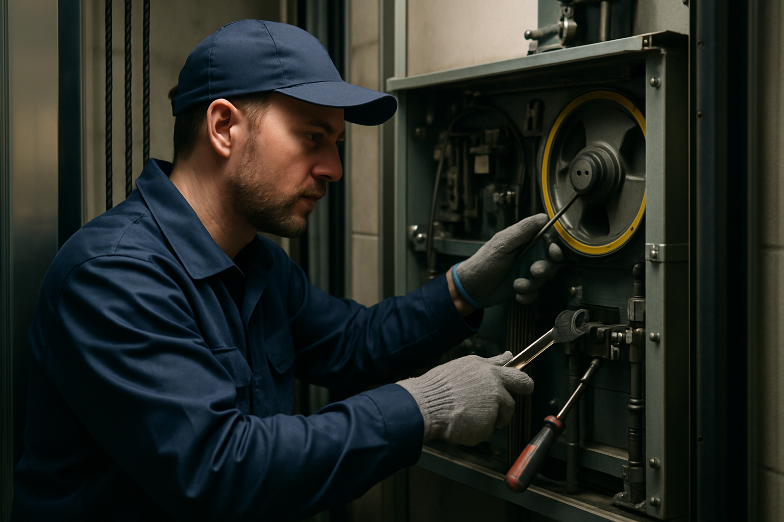 A certified elevator technician performing scheduled preventive maintenance on elevator mechanical components, a key service performed between required annual elevator inspections.