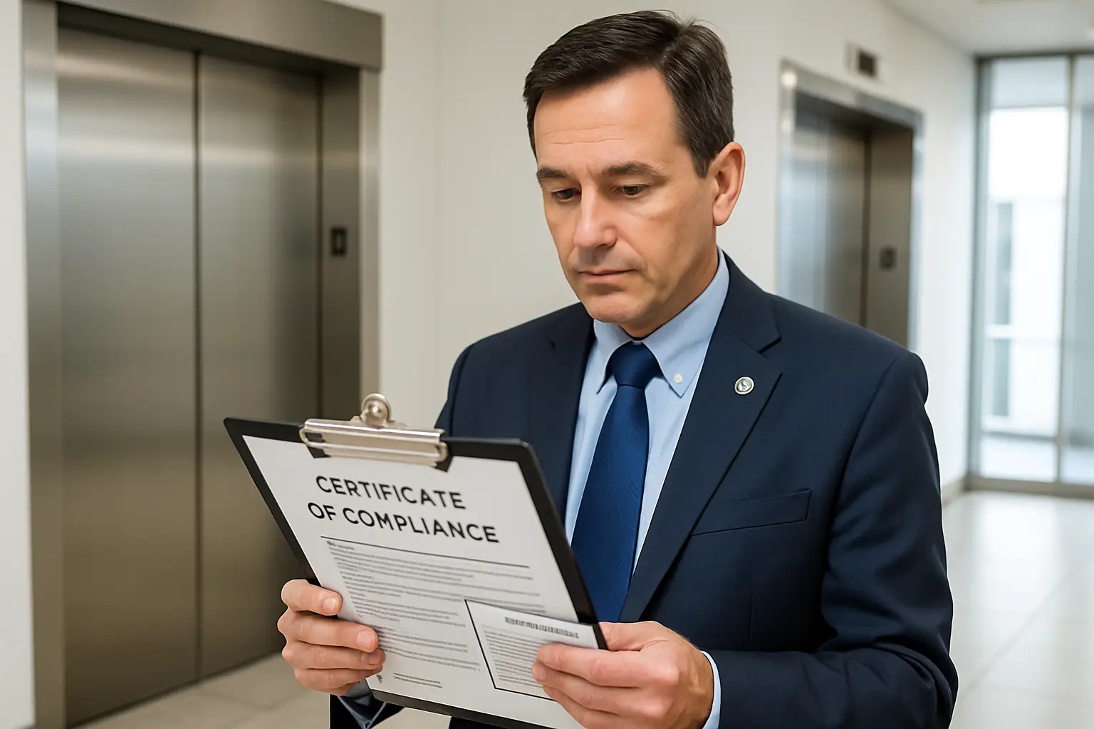 California Elevator Inspection Certificate Elevator inspector reviewing a Certificate of Compliance document in a California commercial building lobby, illustrating the legal inspection requirements under California Labor Code and Cal/OSHA reg