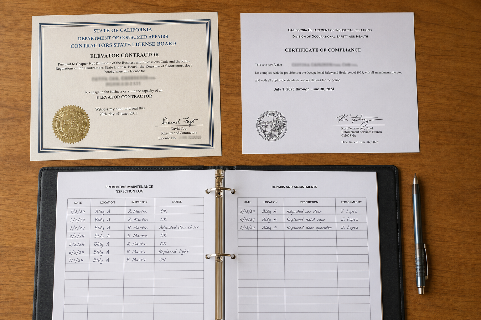 California Elevator Contractor Licensing and Compliance Documents California elevator contractor license certificate and Cal/OSHA inspection documents on a desk, illustrating the credentials required when evaluating an elevator service company