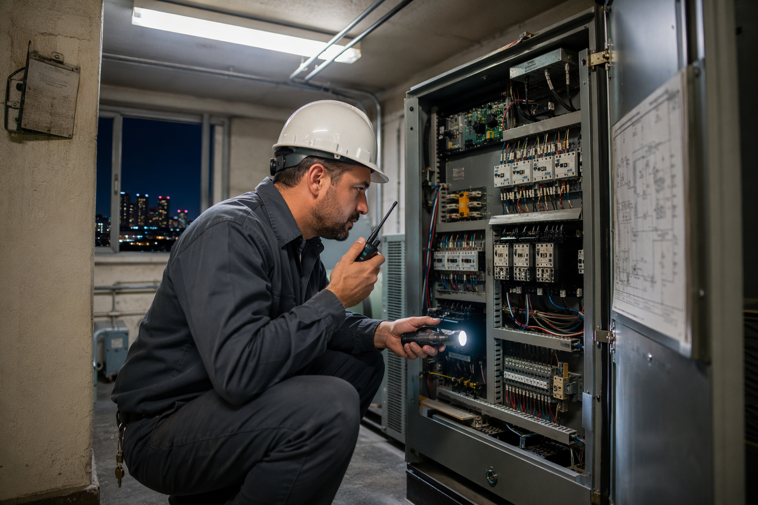 24-Hour Emergency Elevator Service Availability in Los Angeles CA Elevator technician responding to an after-hours emergency call inside a machine room, illustrating 24-hour emergency service availability when choosing an elevator service company