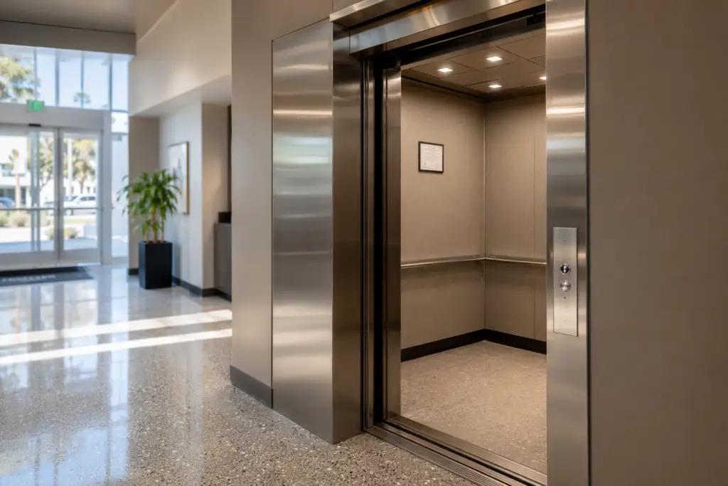 Commercial elevator lobby in Signal Hill CA with stainless steel doors and California DIR inspection permit certificate visible inside the cab, illustrating how to pass elevator inspection requirement