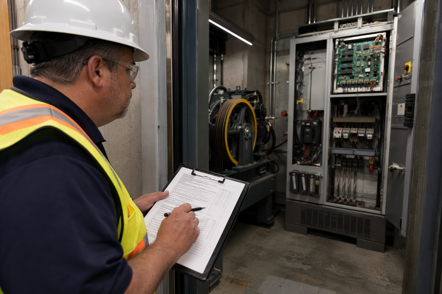 California elevator inspector reviewing compliance checklist in a traction elevator machine room, checking controller, governor, and safety equipment against ASME A17.1 code requirements.