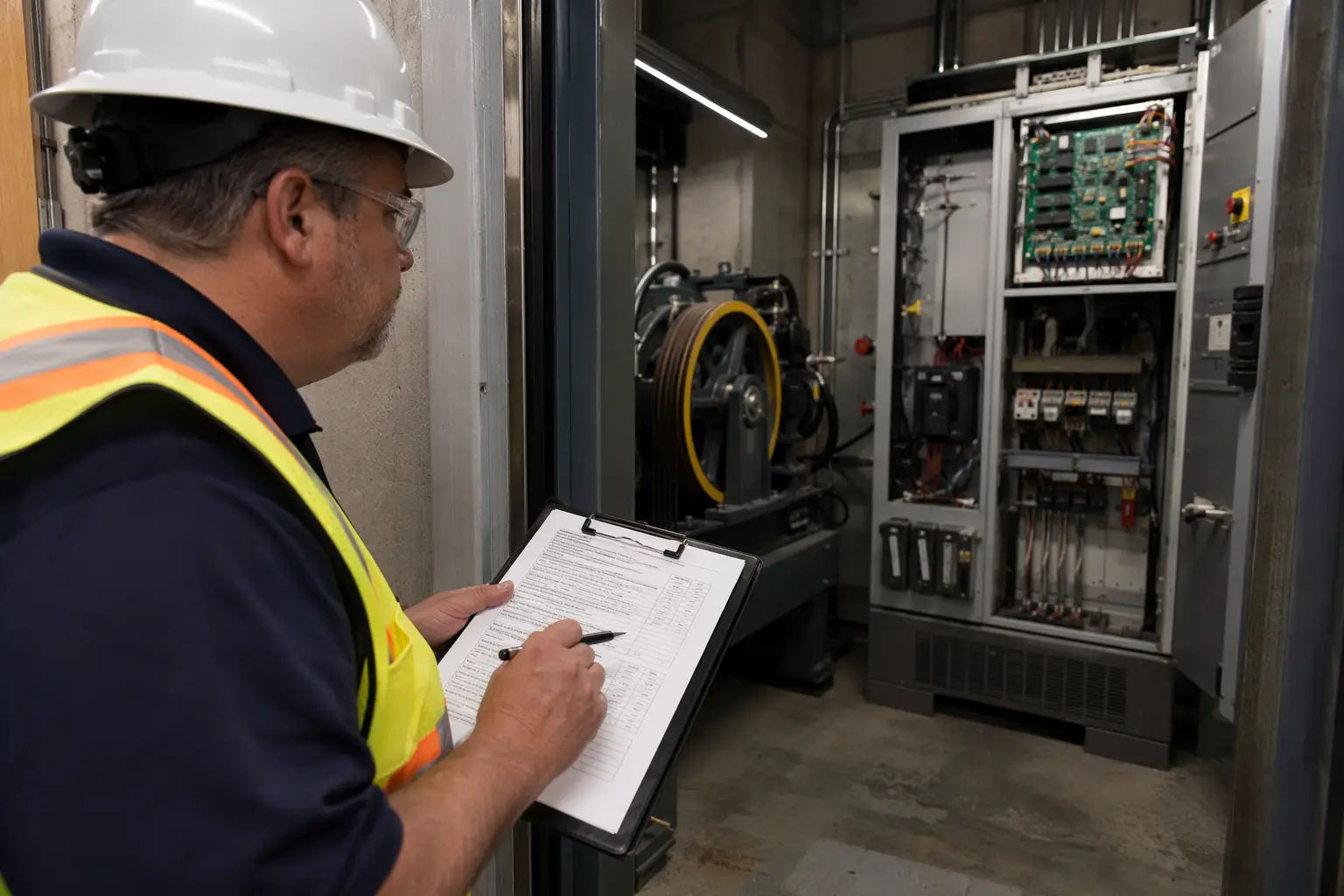 California elevator inspector reviewing compliance checklist in a traction elevator machine room, checking controller, governor, and safety equipment against ASME A17.1 code requirements.