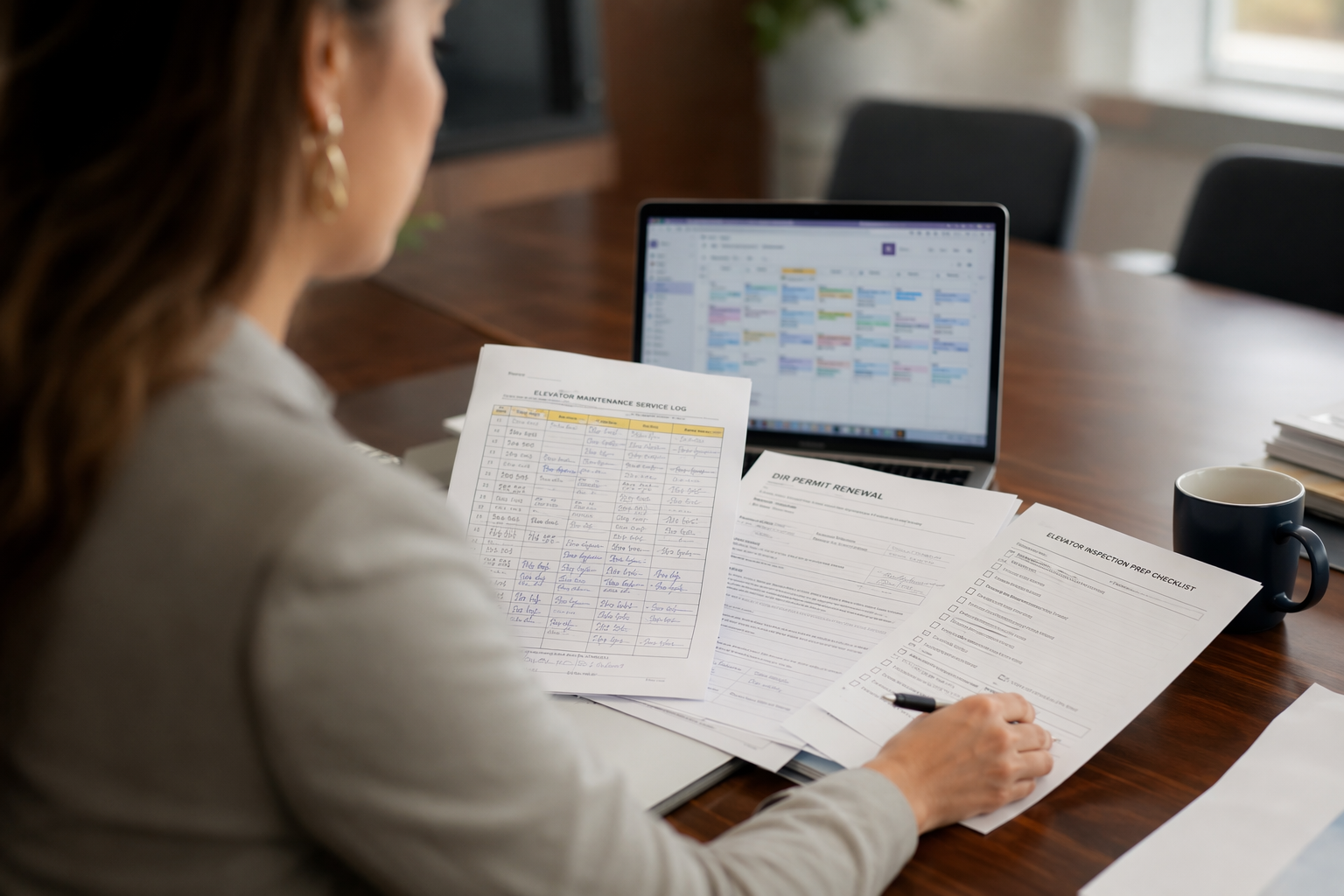 Property manager in Southern California reviewing elevator maintenance records, service logs, and DIR permit documents as part of step-by-step preparation to pass an elevator inspection.