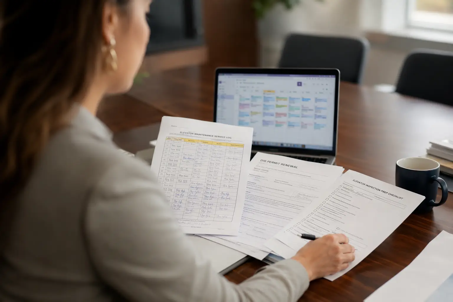 Property manager in Southern California reviewing elevator maintenance records, service logs, and DIR permit documents as part of step-by-step preparation to pass an elevator inspection.