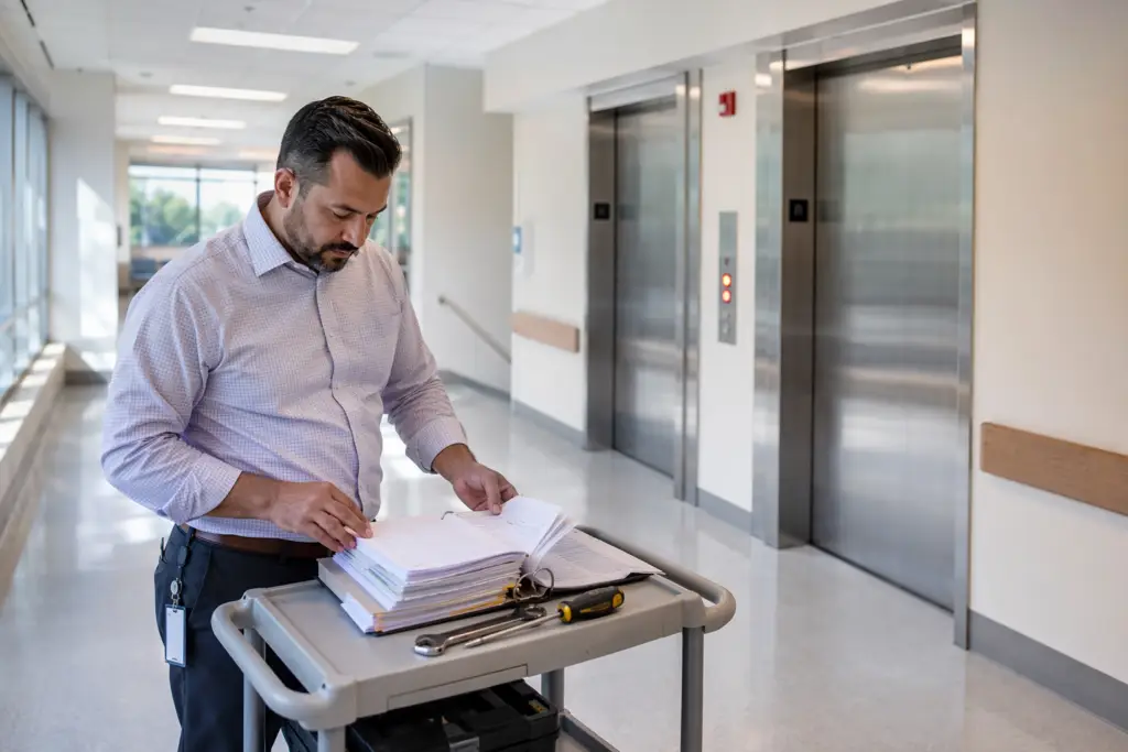 Healthcare facility manager reviewing elevator maintenance contract documentation in a hospital corridor in Long Beach CA, preparing to switch elevator maintenance companies.