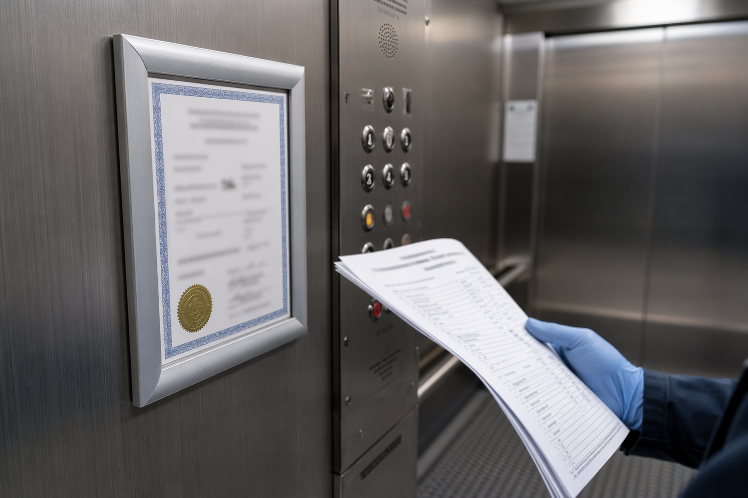 Elevator compliance certificate and inspection checklist inside a hospital elevator cab in Los Angeles CA, representing ASME A17.1 and ADA compliance standards healthcare facilities must maintain.