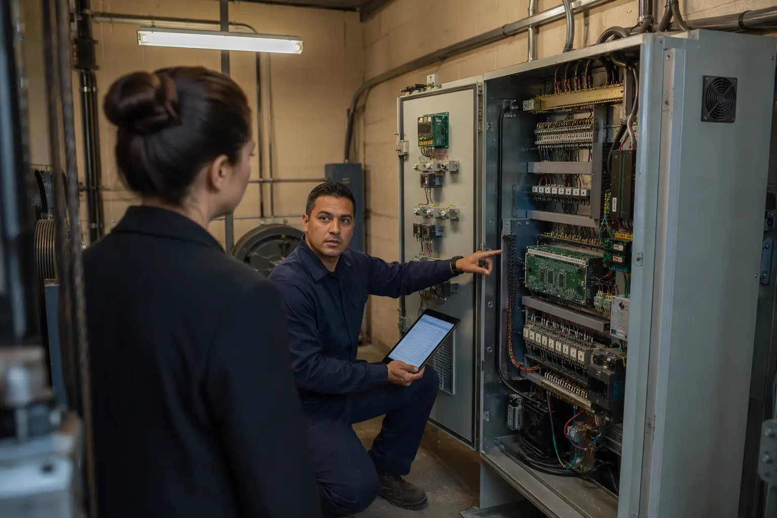 Elevator technician inspecting machine-room controller during an elevator maintenance company transition at a healthcare facility in Orange County CA.