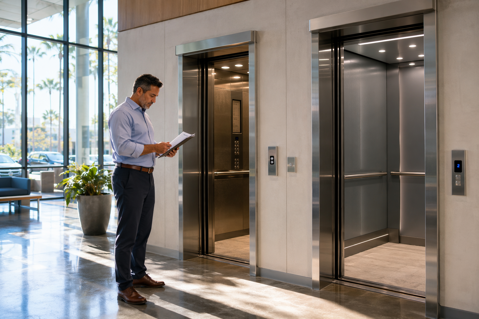 Independent Elevator Service vs. OEM: Making the Right Choice Building facilities manager reviewing elevator service contract in Long Beach CA commercial lobby, weighing independent elevator service vs OEM provider options.