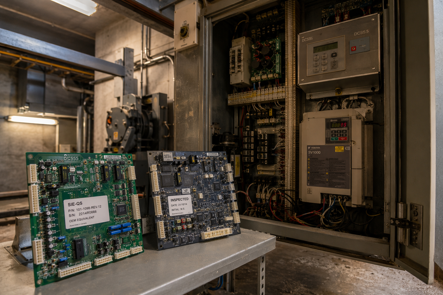 OEM vs. Aftermarket Elevator Parts: Inside the Machine Room Elevator machine room controller cabinet showing OEM and aftermarket-equivalent parts side by side, illustrating parts sourcing differences in independent vs OEM elevator service.