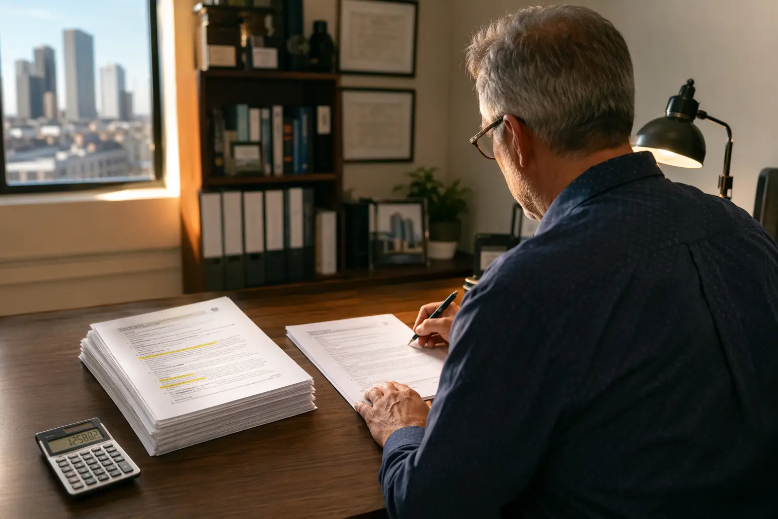 Comparing Elevator Service Contract Costs: OEM vs. Independent Property manager comparing OEM elevator service contract versus independent elevator service agreement, reviewing 5-year cost of ownership figures at office desk in Los Angeles CA.