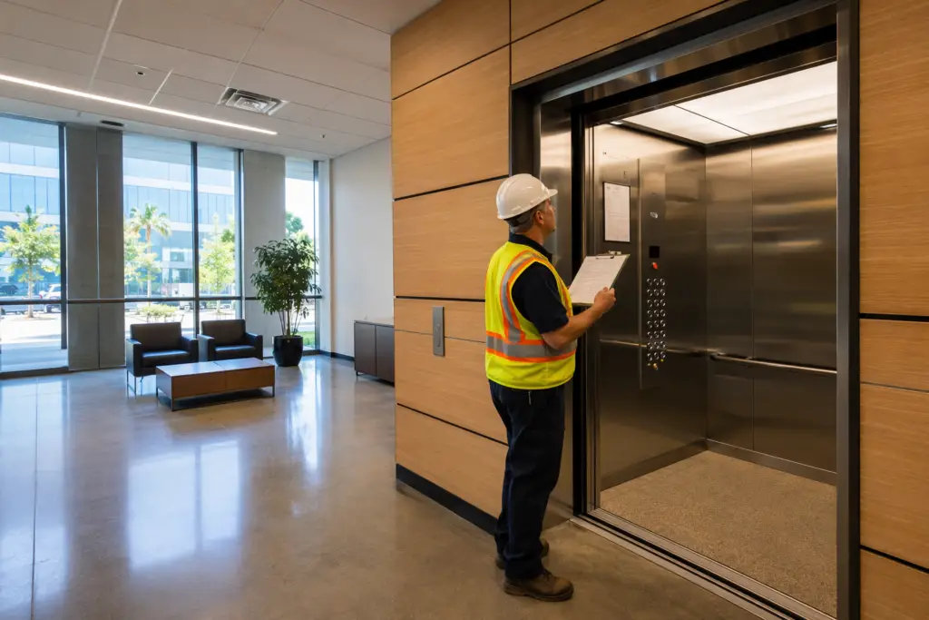 Licensed elevator inspector reviewing state inspection certificate inside a commercial building elevator cab in Long Beach CA, ensuring compliance with annual state elevator inspection frequency requi