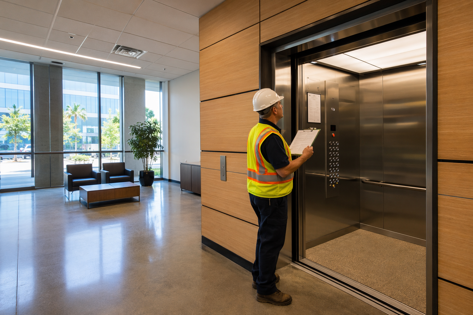 Licensed elevator inspector reviewing state inspection certificate inside a commercial building elevator cab in Long Beach CA, ensuring compliance with annual state elevator inspection frequency requi
