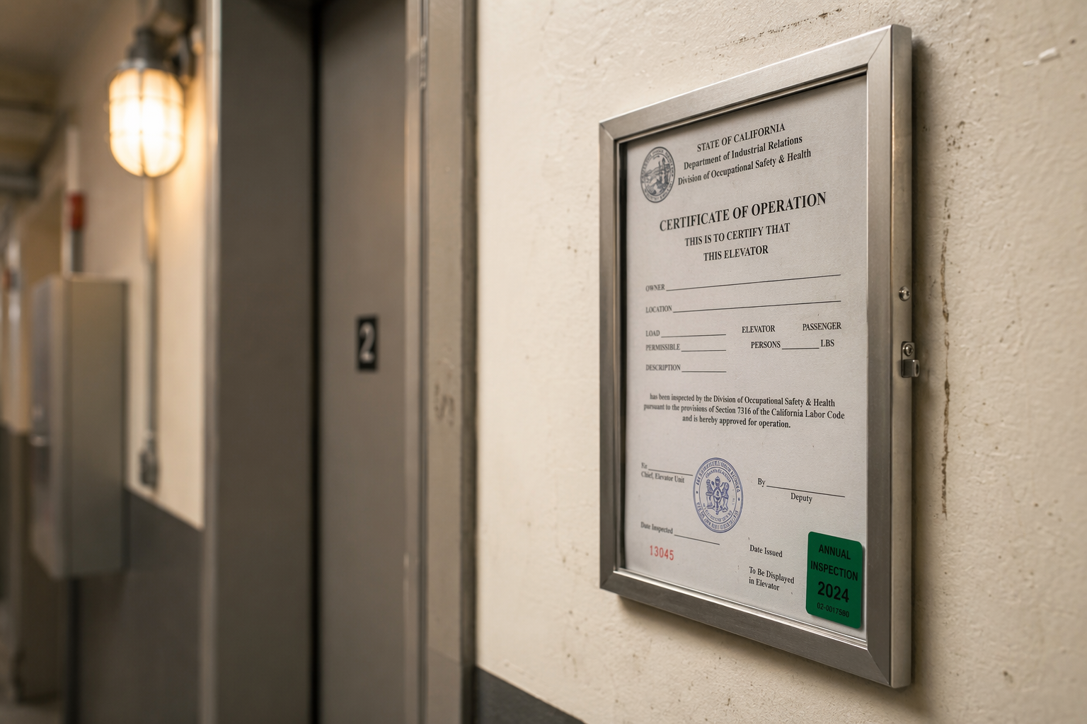 Official California state elevator inspection certificate mounted on a machine room wall, representing annual and semi-annual inspection frequency requirements under ASME A17.1 code
