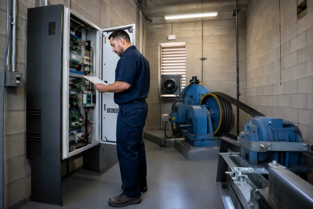 IUEC-certified elevator technician reviewing service documentation inside a commercial elevator machine room in Long Beach, CA — top rated elevator maintenance company