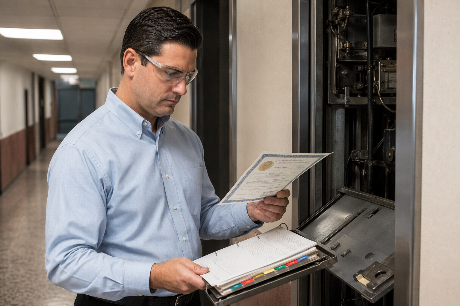 Annual Elevator Inspection Documentation Review, Long Beach Qualified Elevator Inspector reviewing California annual inspection certificate and maintenance records in a Long Beach commercial building corridor