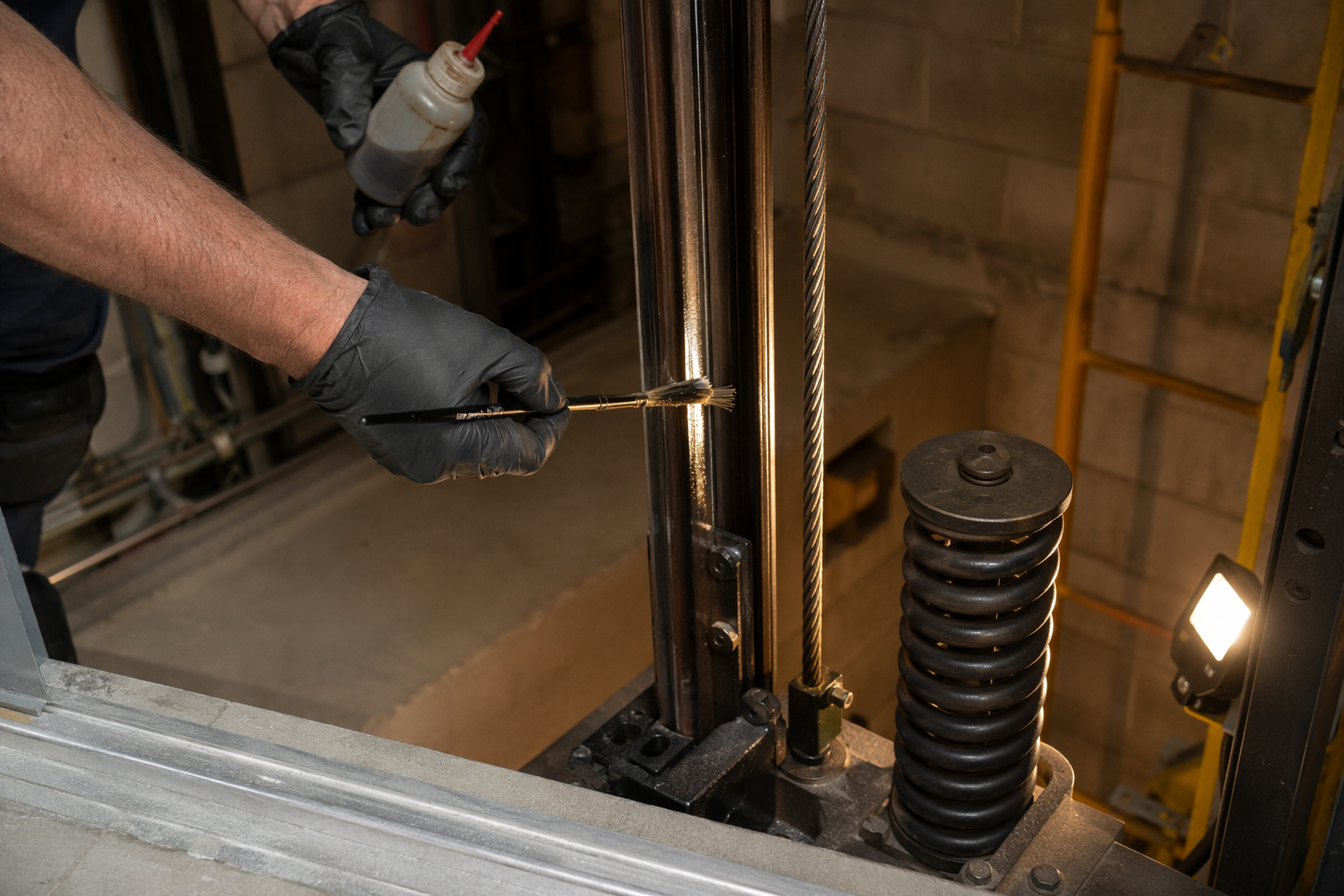 Elevator technician lubricating guide rails during a comprehensive preventive maintenance visit on a hydraulic elevator in a Long Beach CA mid-rise building