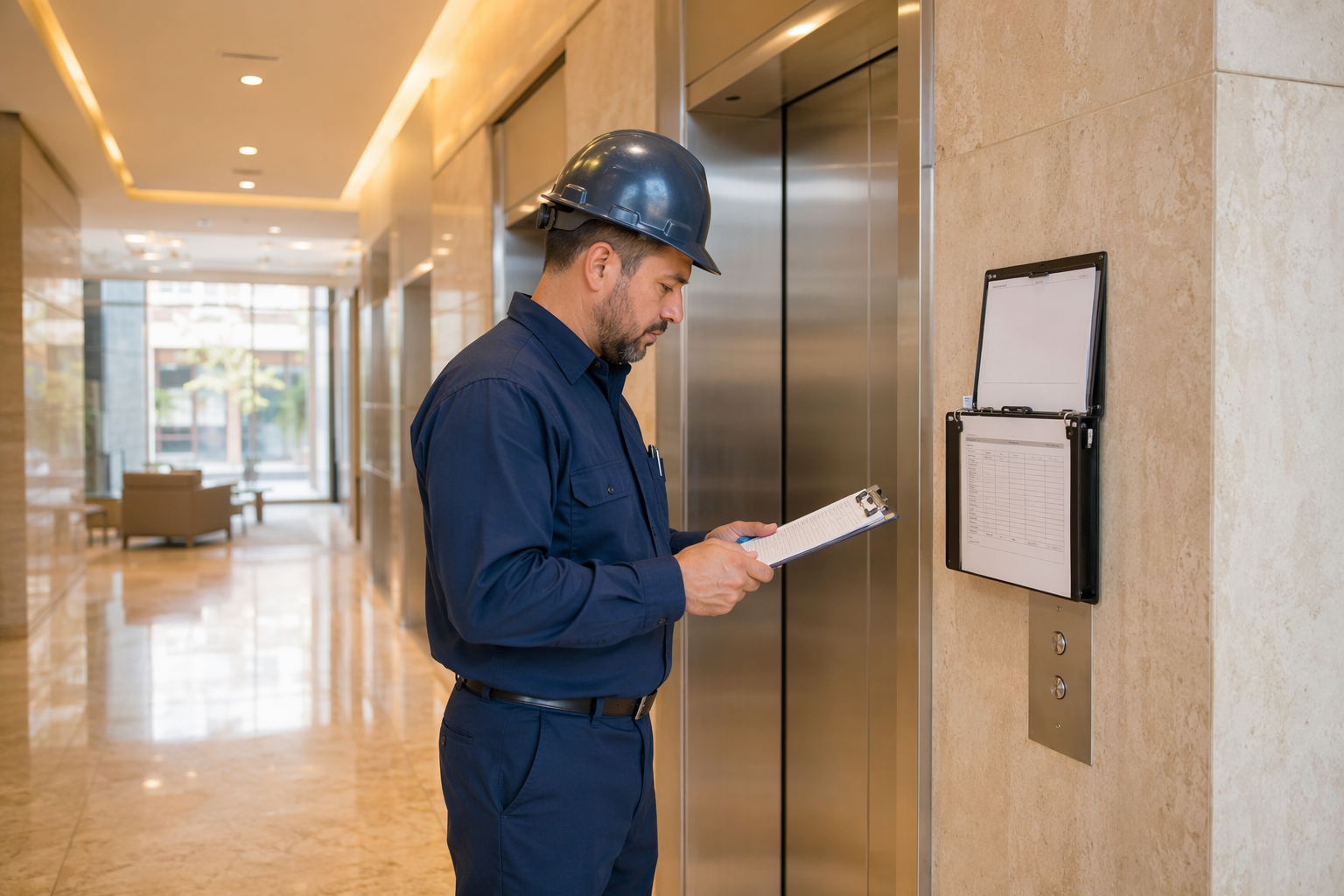 IUEC-certified elevator technician reviewing maintenance documentation in a Los Angeles commercial building lobby — top rated elevator maintenance company Los Angeles