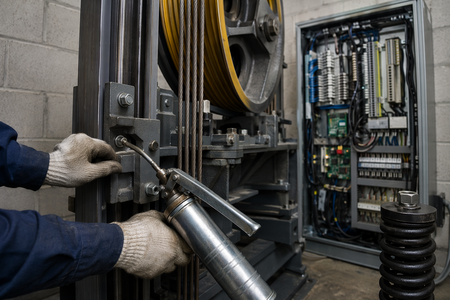 Elevator technician lubricating guide rail equipment during monthly preventive maintenance visit — professional elevator maintenance Los Angeles and Long Beach