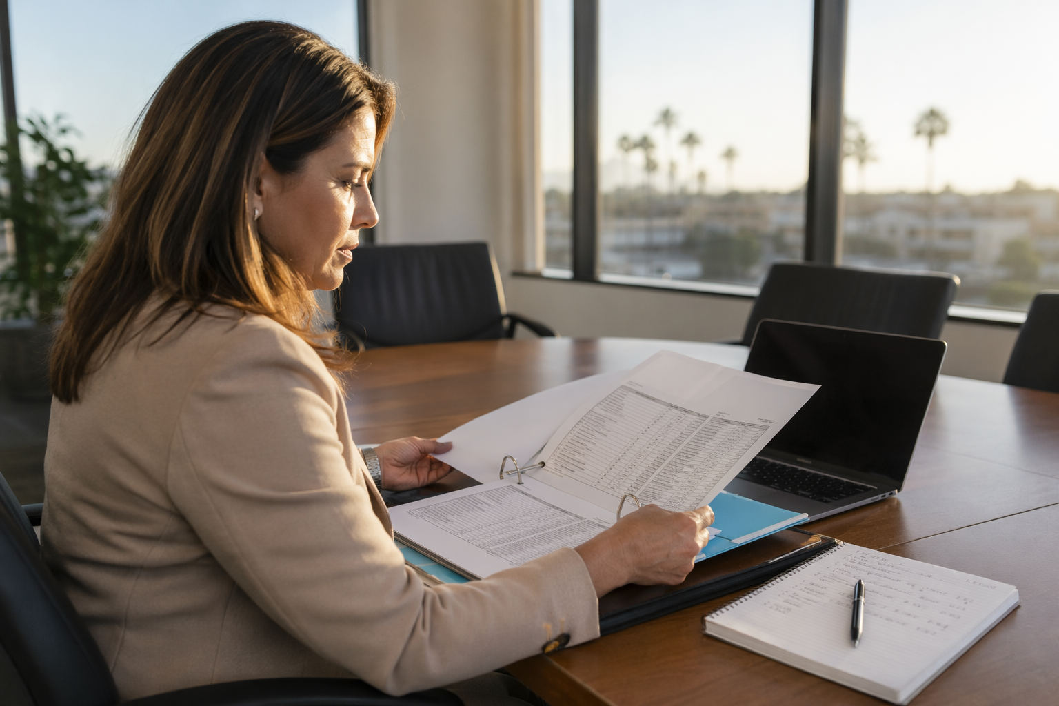 Property manager reviewing elevator maintenance contract cost breakdown at a desk in a Southern California office — elevator maintenance pricing Los Angeles