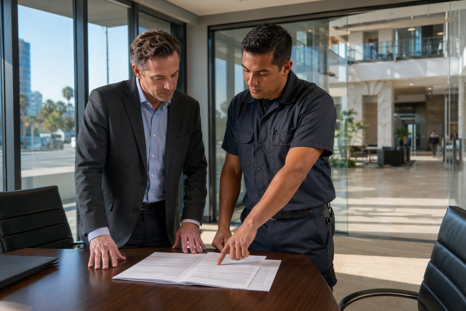 Reviewing an Elevator Maintenance Contract Building manager and elevator technician reviewing an elevator maintenance contract at a conference table in a Long Beach CA commercial property office
