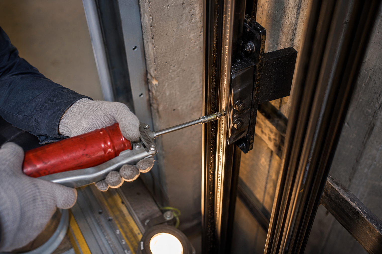 Guide Rail Lubrication During Preventive Maintenance Elevator technician lubricating a traction elevator guide rail inside a hoistway as part of a scheduled preventive maintenance contract service visit