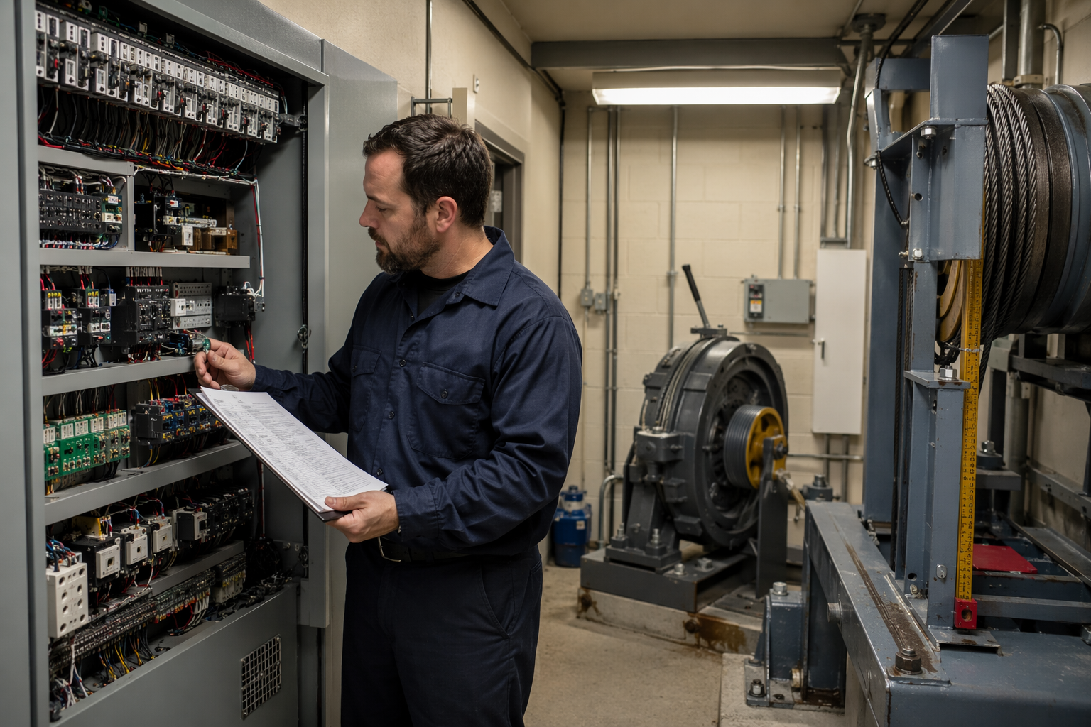 Machine Room Controller Inspection Under Maintenance Contract Elevator technician inspecting a motor controller cabinet in a machine room as part of a full-coverage elevator maintenance contract service in Orange County CA