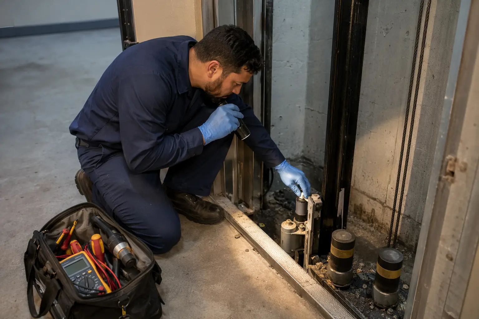 Certified elevator repair technician inspecting a hoistway pit during a 24-hour emergency service call at a Southern California residential building