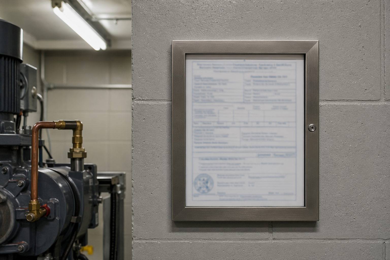 California elevator inspection certificate mounted in a machine room, representing Cal/OSHA licensing requirements for qualified 24-hour elevator repair companies