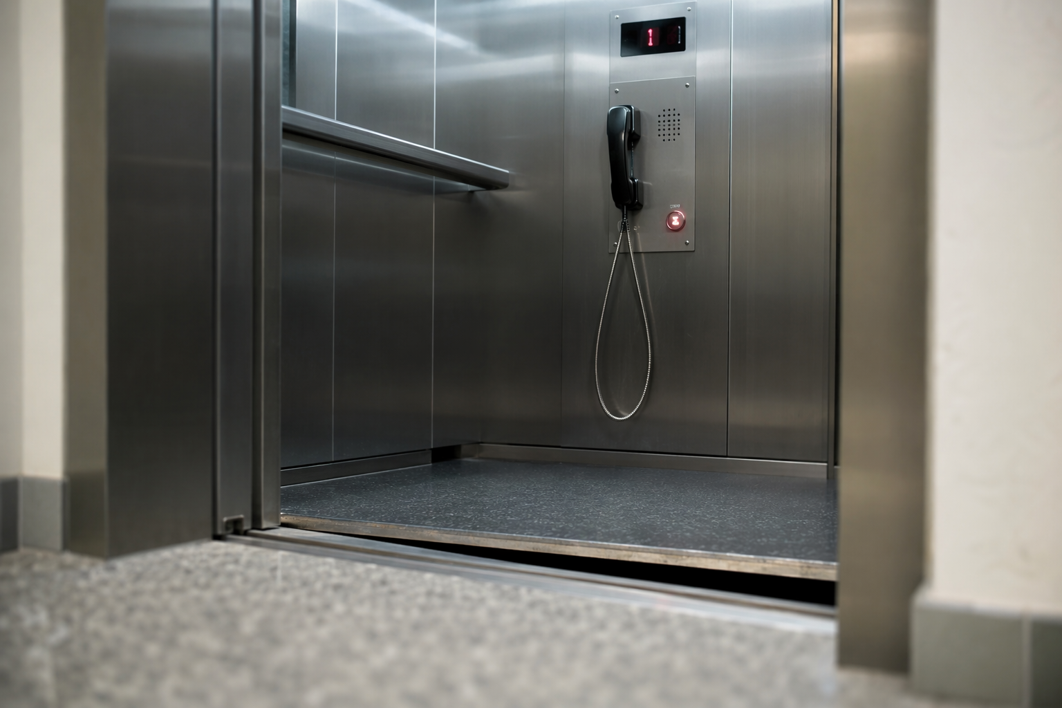Elevator cab emergency intercom phone off the hook during a passenger entrapment situation, showing the gap between a misleveled cab floor and the landing