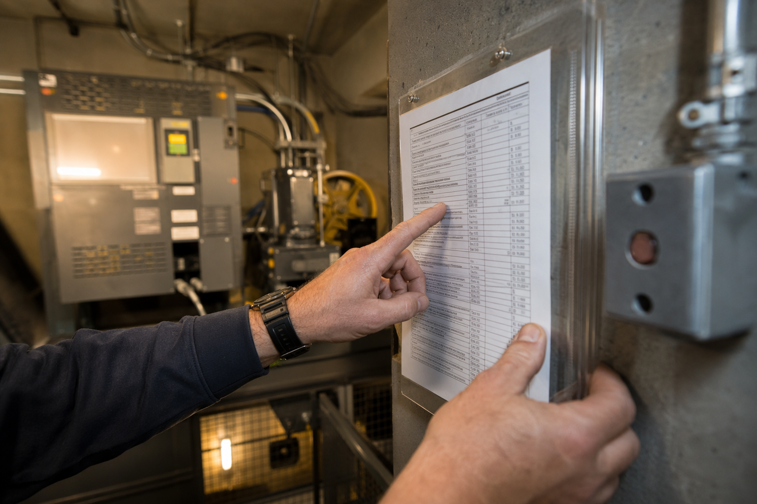 Facilities manager reviewing elevator emergency contact information posted inside a machine room, showing controller and hoistway equipment in the background