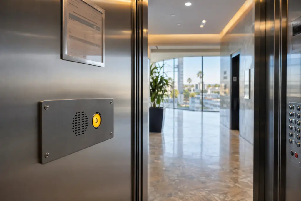 Interior of a commercial elevator cab in Long Beach CA showing the two-way emergency communication button panel required for elevator emergency contact compliance.