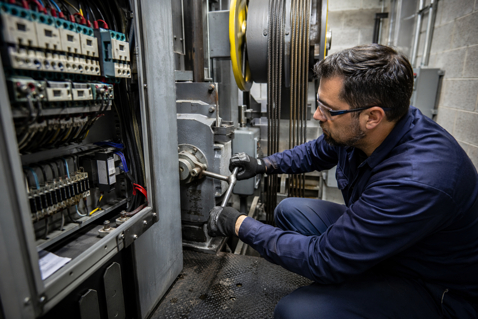 Certified Mechanic Performing Manual Rescue Licensed elevator mechanic performing manual lowering procedure on traction machine during elevator entrapment rescue in a Southern California building machine room