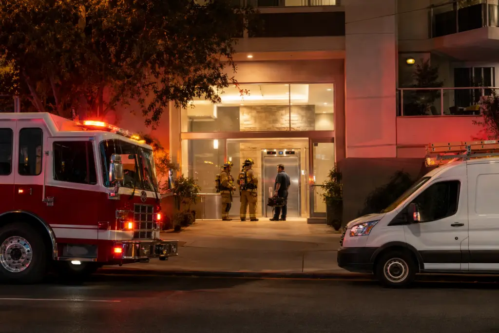 Emergency responders and elevator technician arriving at a Long Beach apartment building at night to perform elevator entrapment rescue procedure