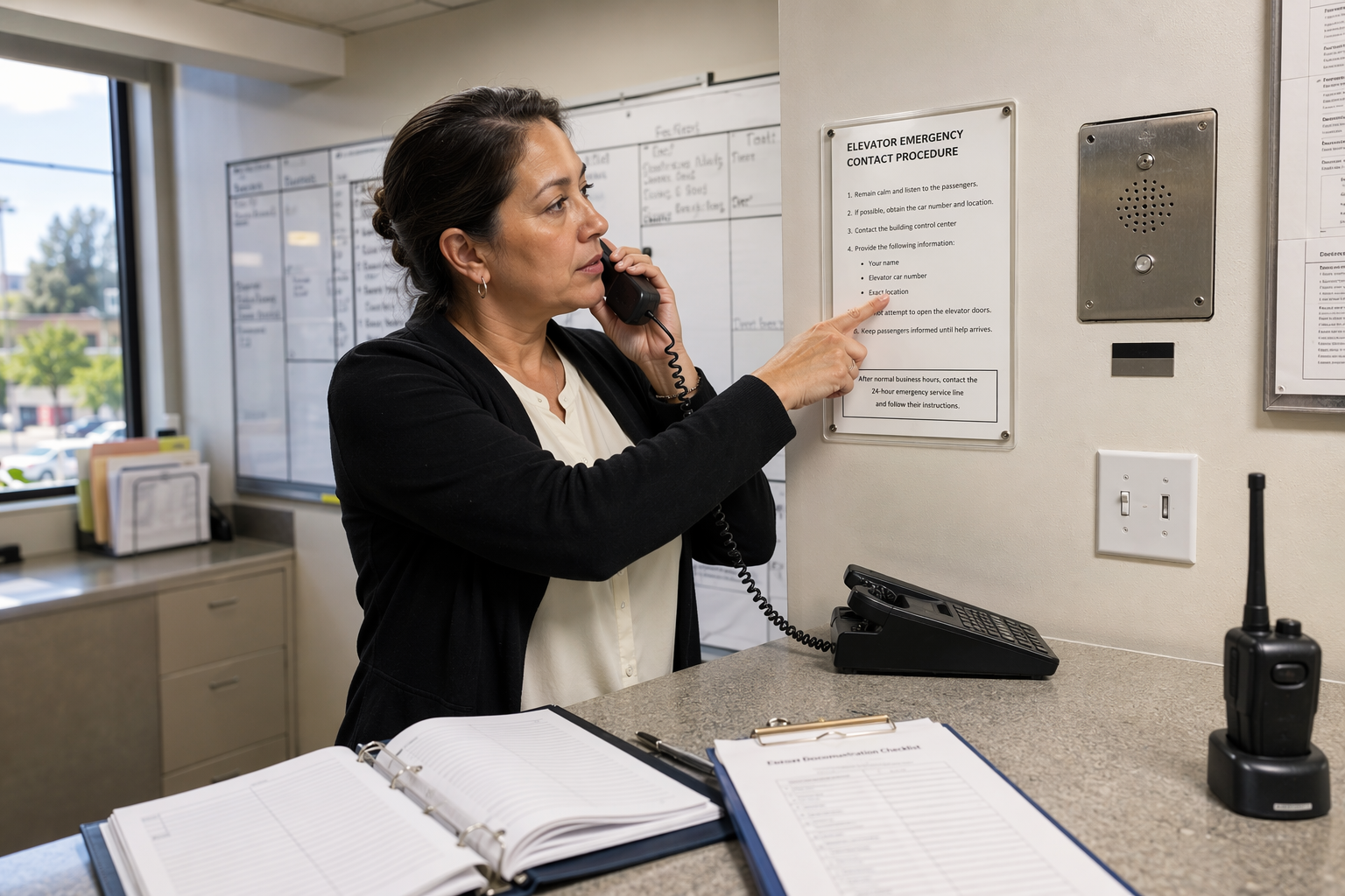 Property Manager Coordinating Elevator Entrapment Response Building property manager calling elevator service company while referencing entrapment rescue procedure contact card in a Signal Hill California office