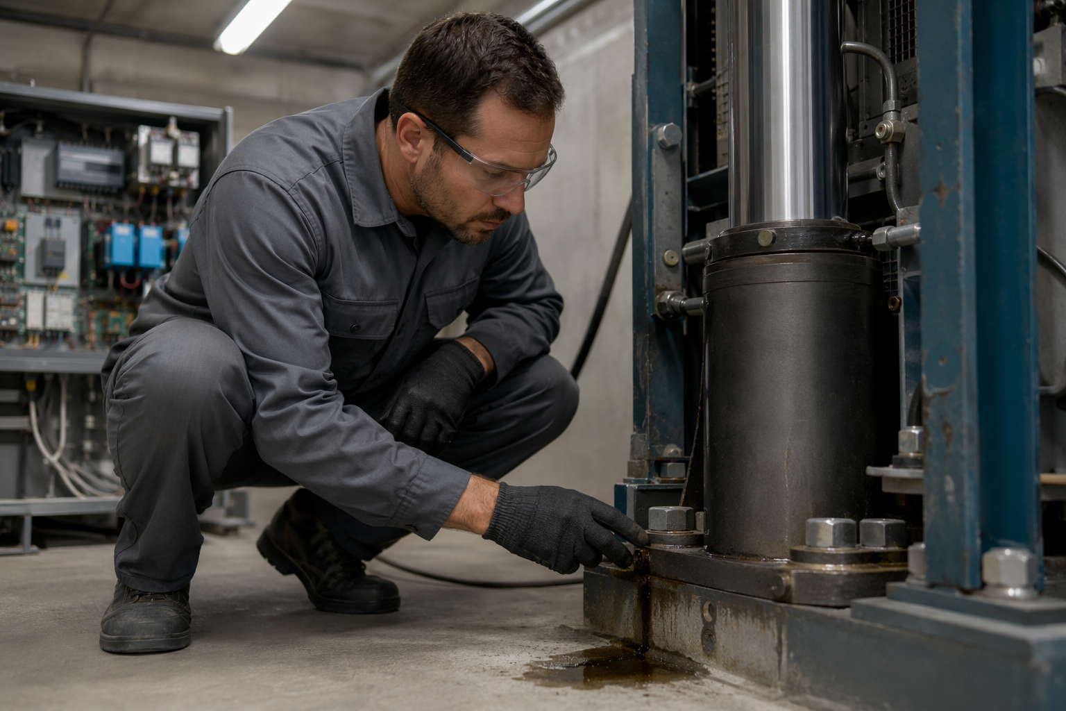 Elevator technician inspecting a hydraulic fluid leak at the base of a hydraulic elevator cylinder in a Long Beach commercial building machine room.