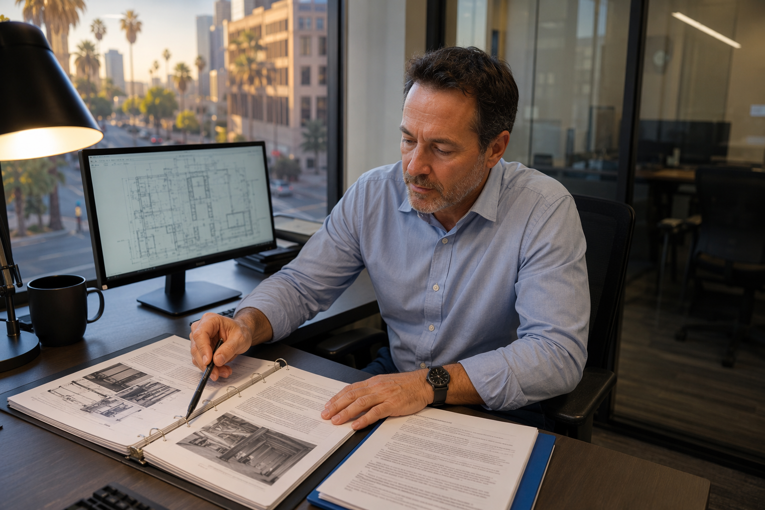 Long Beach building manager reviewing legal compliance documents and emergency elevator maintenance protocols at an office desk under California Cal/OSHA requirements.
