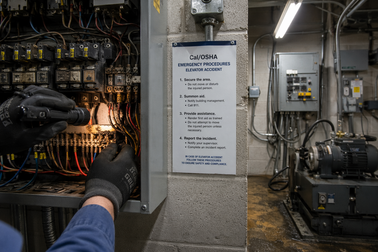 Elevator Machine Room Emergency Fault Inspection Elevator machine room in Los Angeles showing technician inspecting electrical fault near a Cal/OSHA emergency procedure placard during an emergency repair