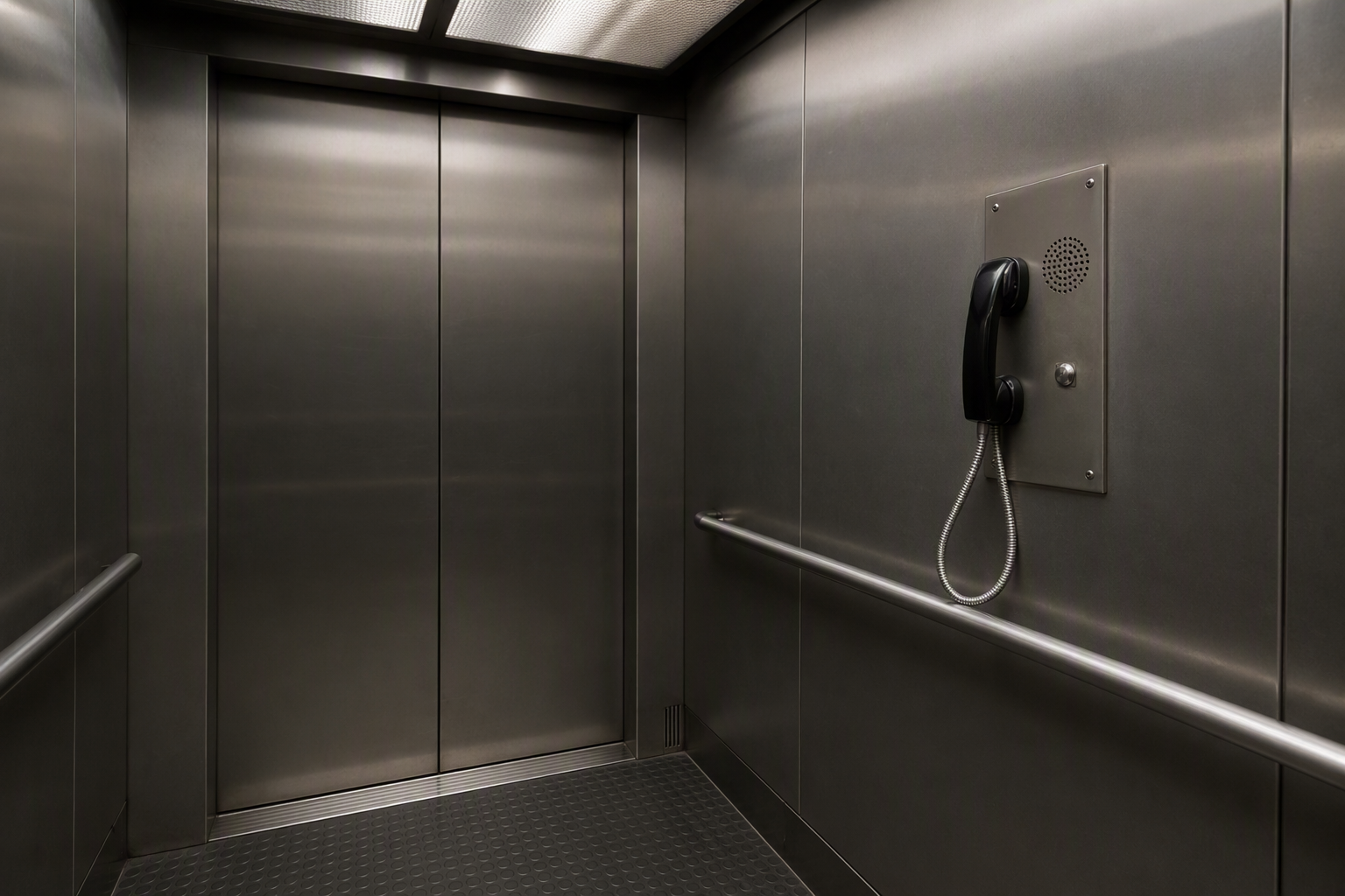 Interior of a stopped elevator cab in a Los Angeles building showing the in-car emergency telephone panel, illustrating passenger entrapment communication steps