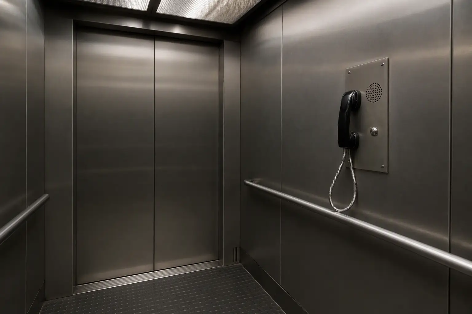 Elevator In-Car Emergency Phone During Entrapment Interior of a stopped elevator cab in a Los Angeles building showing the in-car emergency telephone panel, illustrating passenger entrapment communication steps