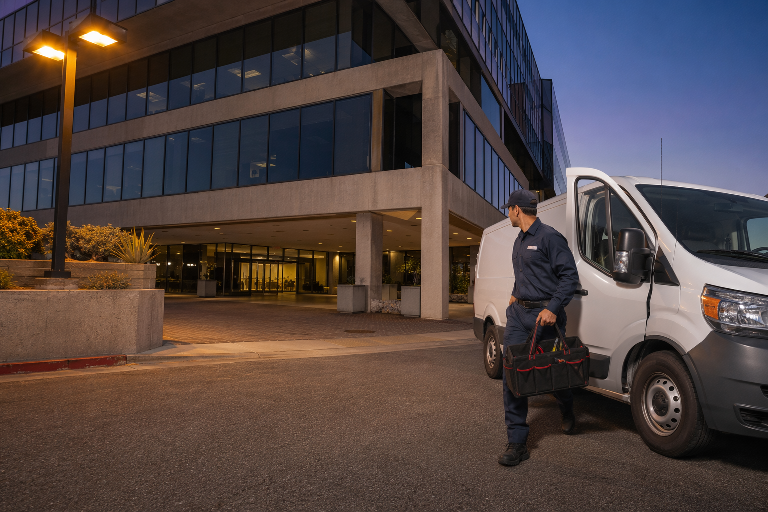 Emergency Elevator Repair Response in Los Angeles Elevator service technician arriving at a Los Angeles commercial building at dusk for emergency elevator repair, stepping from a service van with tools