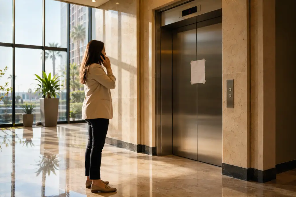 Property manager calling a licensed elevator repair company from a Long Beach CA commercial building lobby where elevator doors are out of service