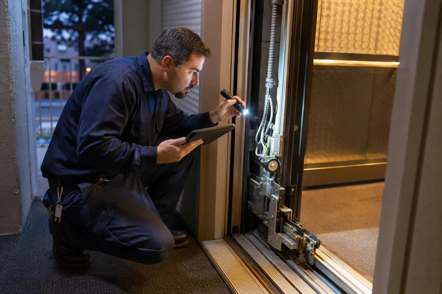 Elevator technician diagnosing a door system failure during an emergency elevator repair call at a Signal Hill CA residential apartment building