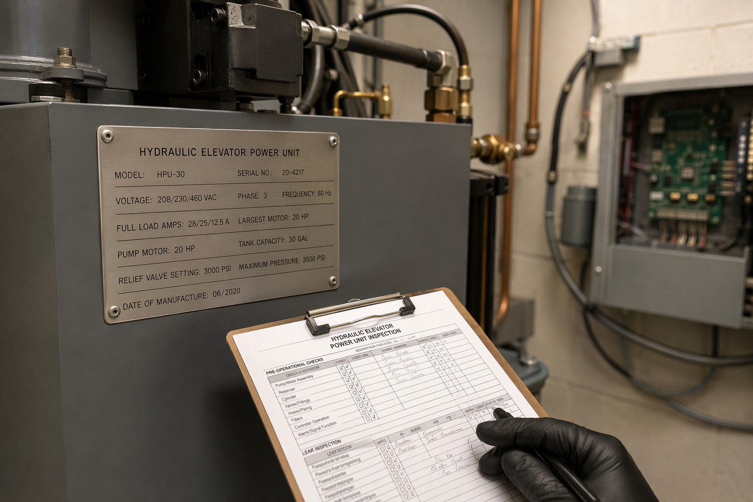 Elevator machine room data plate and technician checklist showing make, model, and serial number information needed before calling for fast elevator repair