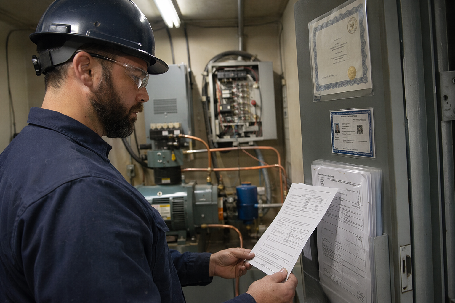 IUEC-certified elevator mechanic reviewing California DIR licensing credentials inside a hydraulic elevator machine room in Los Angeles County