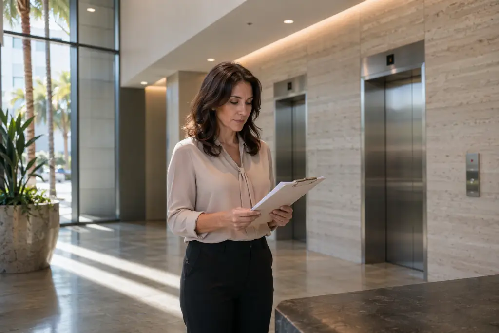 Property manager reviewing elevator maintenance service contract in a Long Beach CA commercial office building lobby with stainless steel elevator doors in background